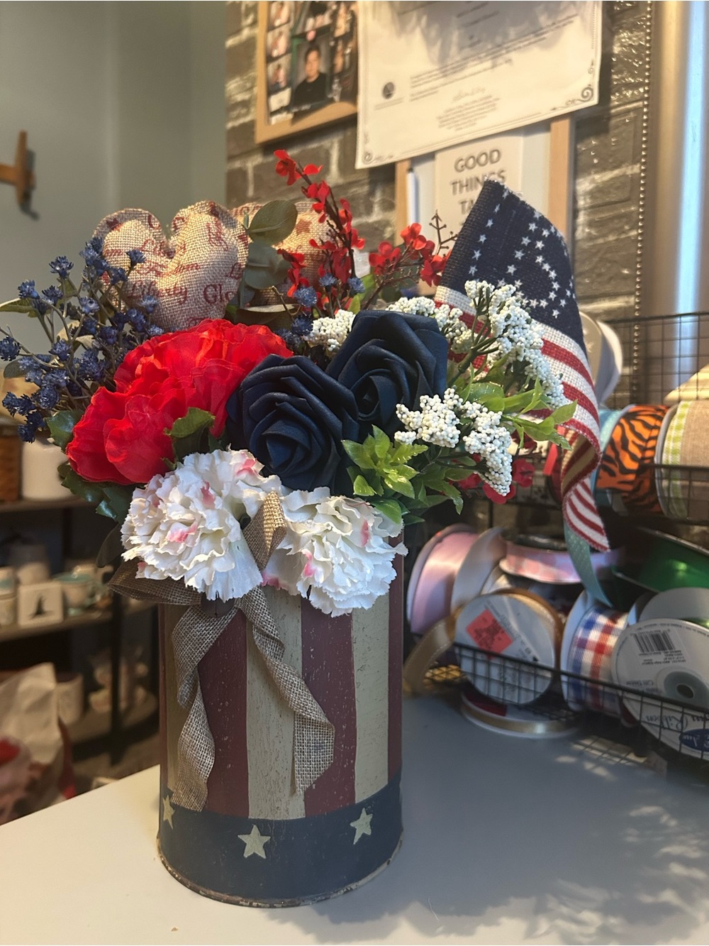 Hand Crafted Red, White & Blue Patriotic Floral Tin Arrangement